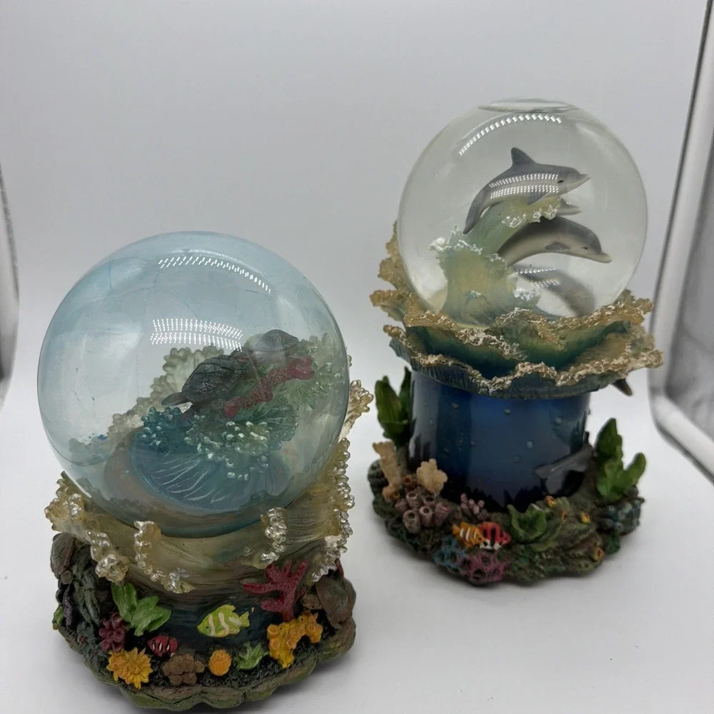Vintage 2 Snow Globes Turtles & Dolphins On Coral Reefs Music Box Parts Only